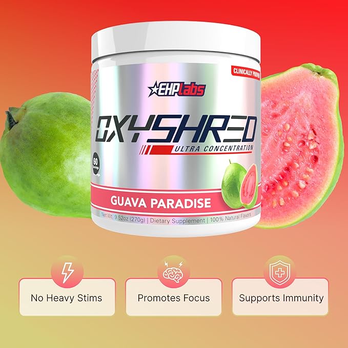 EHP Labs OxyShred Pre Workout Powder &amp Shredding Supplement - Preworkout Powder with L Glutamine &amp Acetyl L Carnitine Energy Boost Drink - Guava Paradise 60 Servings