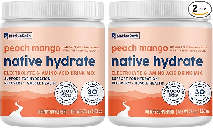 NativePath Native Hydrate Zero Sugar Electrolytes Powder with BCAAs Peach Mango Hydration Keto &amp Paleo Friendly 30 Servings (Pack of 2)