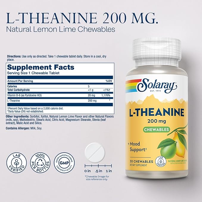 SOLARAY L Theanine 200mg Mood Support Supplement with Vitamin B6 - Calming Support During Occasional Stress - Natural Lemon Lime Flavor - 60-Day Guarantee Lab Verified - 30 Servings 30 Chewables