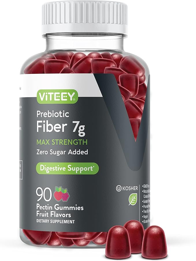 Viteey Prebiotic Fiber Gummies for Adults 7g - Gut Health &amp Digestive Soluble Fiber Supplement Gummies - Zero Sugar Added Vegan Gluten-Free - 90 Count