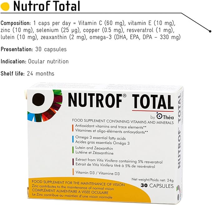 Nutrof Total Capsules – Eye Health Supplement with Lutein Zeaxanthin Omega 3 and Antioxidants | Essential Nutrients for Optimal Eye Health | Pack of 30 Capsules (1 Capsule per Day - 1-Month Supply)