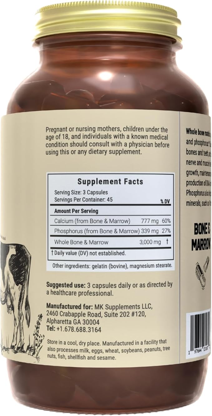 MK Supplements Grass-Fed Bone &amp Marrow Capsules | Collagen Types I &amp II + Bone Peptides + Marrow | Whole-Food Calcium Matrix | New Zealand Raised | 135 Capsules
