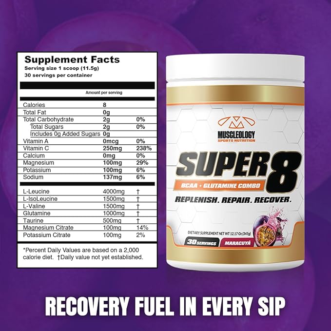 Super 8 High Performance BCAA Electrolyte &amp Glutamine Blend Formula - Post-Workout Recovery and Muscle Building Supplement 30 Serving (Maracuya)