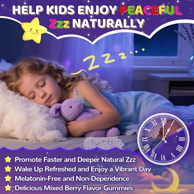 Magnesium Glycinate Gummies for Kids 4+: Sugar Free Chewable Organic Magnesium Gummy with L-Theanine Vitamin B12 B6 D3 Zinc Omega Calcium - Natural Zzz Support Non-GMO Berry Flavor(60Count)