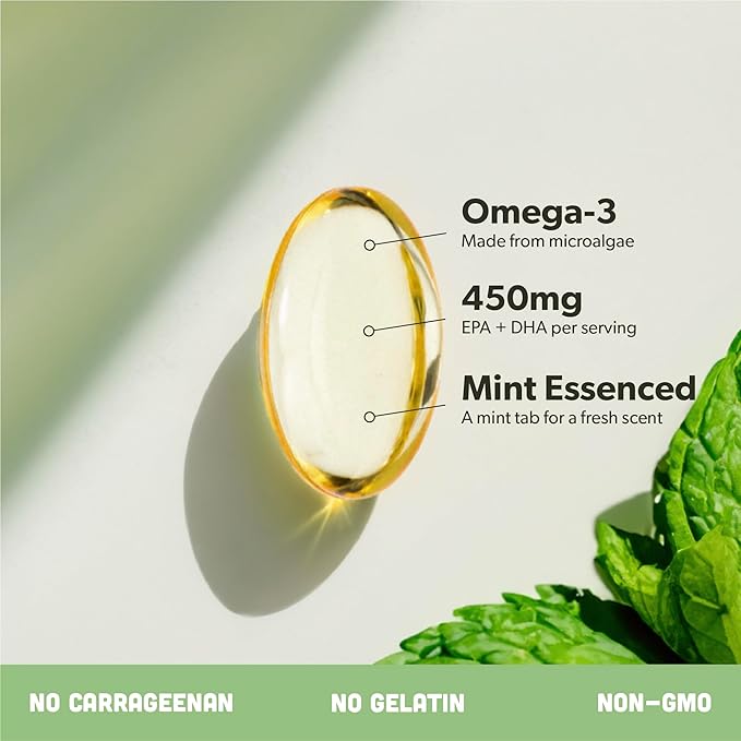 Vegan Omega 3 Supplement - Plant Based DHA &amp EPA Fatty Acids - Carrageenan Free Alternative to Fish Oil Supports Heart Brain Joint Health - Sustainably Sourced Algae Fish Oil Free - 180 Softg