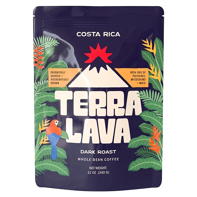Terra Lava Coffee – Dark Roast Whole Bean Coffee Single-Origin Costa Rican Arabica Volcanic Soil Grown Honey-Processed Tested for Mold &amp Mycotoxins 12 oz