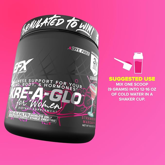 EFX Sports Kre-A-Glo Kre-Alkalyn Creatine for Women | 2.5g Collagen 300mg Ashwagandha 100mg Hyaluronic Acid | 30 Servings (Strawberry Margarita)
