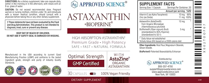 Approved Science® Astaxanthin 12 mg - Extra Strength Antioxidant - Supports Heart Eyes Skin - 30 Vegan Capsules - 1 Month Supply
