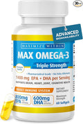 Maximum Slim Max Omega 3 Fish Oil Pills - Triple Strength Fish Oil Supplement (2000 mg Total Omega 3 Fatty Acids: 600mg DHA + 800 mg EPA per Serving)
