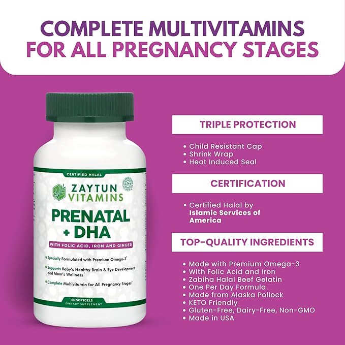 Halal Prenatal Vitamins + DHA Folic Acid Iron Ginger for Soothing One Daily for All Pregnancy Stages Gluten Free Non-GMO 60 Softgels 2 Months Supply USA Made Halal Vitamins