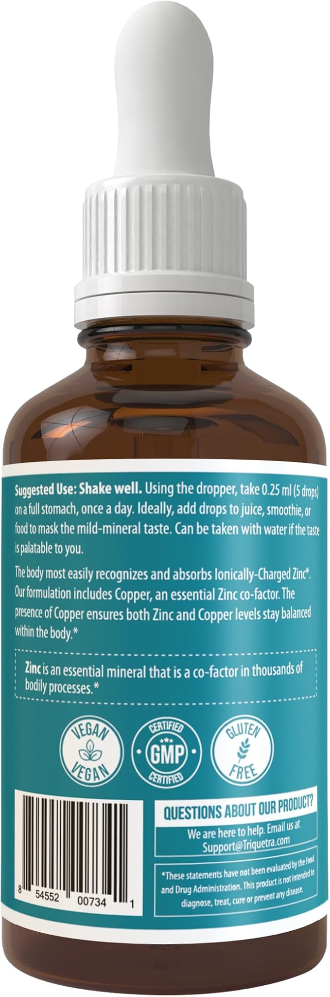 Ionic Zinc Plus Copper Liquid Concentrate 240 Servings Glass Bottle Vegan - Balanced Ratio of Zinc Copper - Supports Immunity Brain Thyroid (2 oz.)