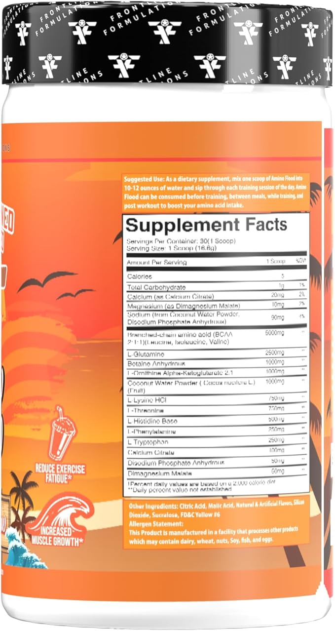 Amino Flood from Frontline Formulations - BCAA + EAA Recovery &amp Hydration Formula – Muscle Support Electrolytes &amp Endurance – Amino Acid Supplement for Intra &amp Post Workout Florida Sunshi