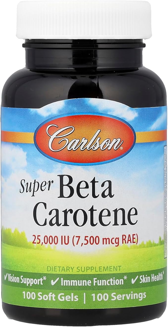 Carlson - Super Beta Carotene 25000 IU (15 mg) Vitamin A as Beta Carotene Bioavailable and Bioactive Form Vision Health Healthy Skin 100 Softgels