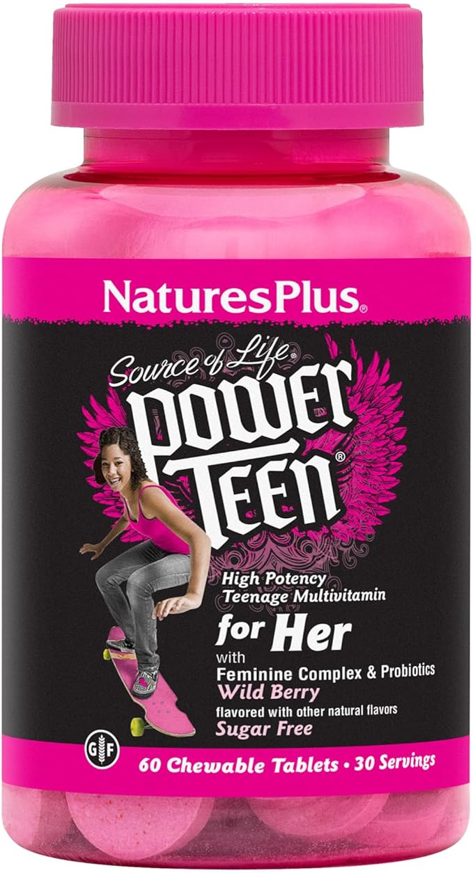 NaturesPlus Source of Life Power Teen for Her Natural Berry - 60 Chewable Tablets - High Potency Multivitamin - Sugar Free Vegan - 30 Servings