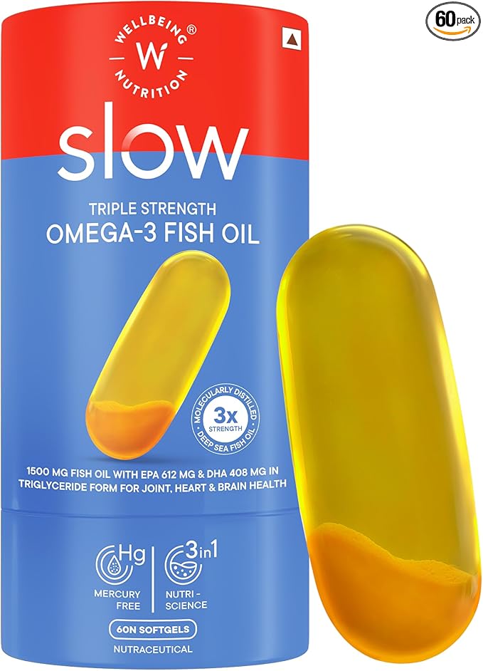 WELLBEING NUTRITION Slow | Extra Virgin Fish Oil 1240mg Omega-3 | EPA DHA &amp Curcumin in Advanced Triple Strength 1250mg Fish Oil |Brain Heart Joints Vision &amp Immunity for Men &amp Women(6