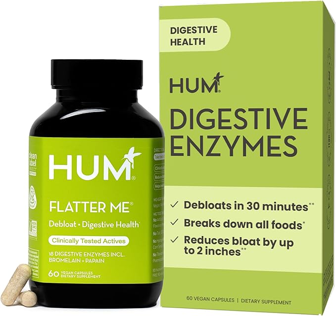 HUM Flatter Me Digestive Enzymes for Women &amp Men Digestive Health Bloating Supplement with Ginger &amp Peppermint Leaf Fast Acting Anti Bloat Pills Multi Enzyme for Debloating Vegan 60 Capsul
