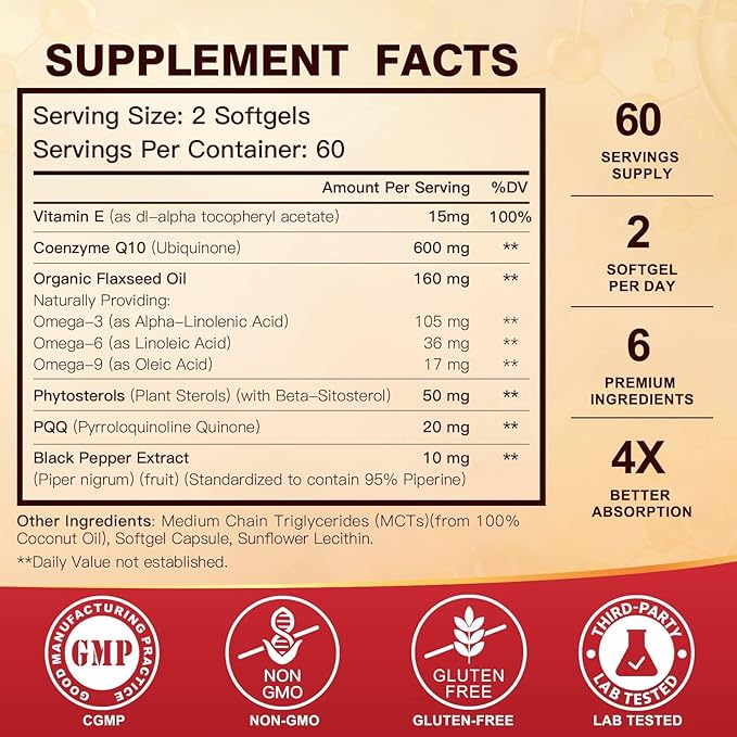 CoQ10 600 mg Softgels CoQ10 Supplement - CQ10 Coenzyme-Q10 with Omega 3 &amp PQQ &amp Vitamin E CoQ10 400mg Softgels 60 Servings