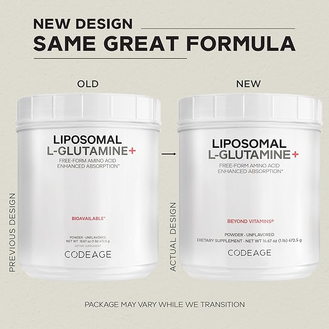 Codeage Liposomal L-Glutamine Powder - High-Potency L-Glutamine 5000 mg per Serving - 3-Month Supply - Liposomal Delivery Free-Form Amino Acid Unflavored Glutamine - Non-GMO Gluten-Free - 16.67 oz