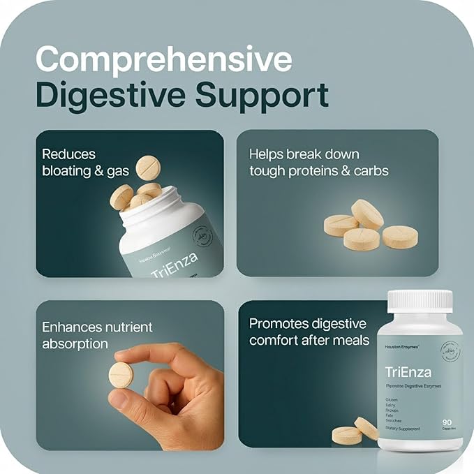 Houston Enzymes TriEnza - Digestive Enzyme Supplement for Gluten Casein Soy Proteins Carbohydrates Fats &amp Polyphenols - Digestive Enzymes for Women &amp Men (180 Chewable Tablets)