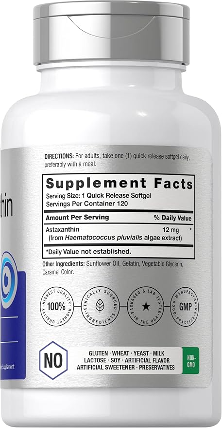 Horbäach Astaxanthin Supplement | 12mg | 120 Softgels | Triple Strength | from Microalgae | Non-GMO &amp Gluten Free