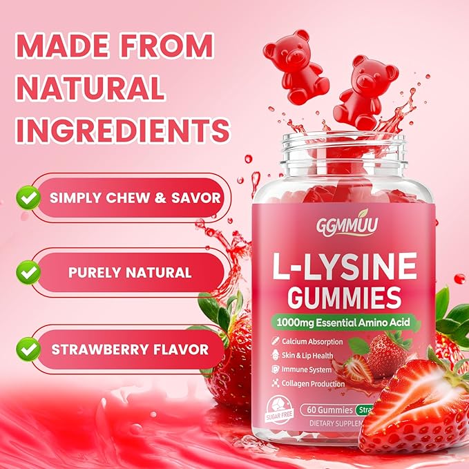 2 Pack L-Lysine Gummies 1000mg L-Lysine Supplement for Adults &amp Kids Essential Amino Acid Supplement for Lips &amp Oral Health Immune Support Strawberry Flavor 120 Count