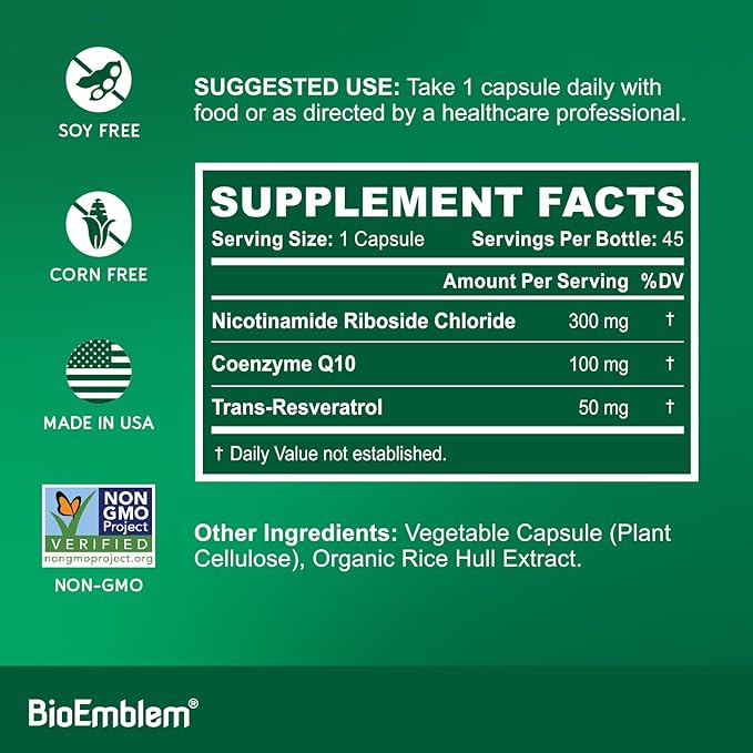 BioEmblem NAD+ Supplement | 300 mg Nicotinamide Riboside with CoQ10 &amp Resveratrol | Supports Healthy Aging Cellular Energy and Cognitive Function | Non-GMO Gluten Free - 45 Capsules