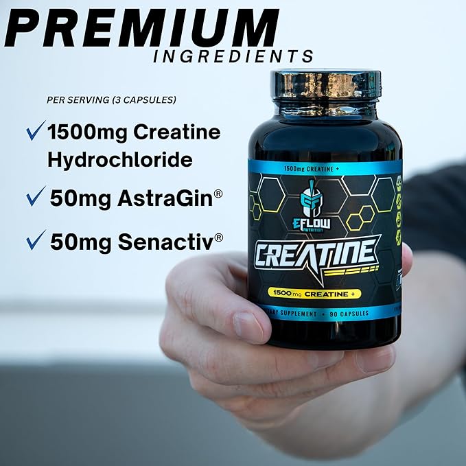 eFlow Creatine Capsules HCL Creatine Pills - Creatine Supplement for Men &amp Women Muscle Builder Endurance Strength with AstraGin and Senactiv (1500mg 90 Capsules)