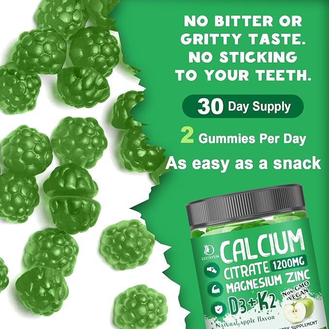 Calcium Citrate 1200 mg with Vitamin D3 Gummies Calcium Citrate Magnesium Zinc with Vitamin D3 Supplement for Women &amp Men Bone &amp Teeth Support Natural Apple Flavor - 30 Day Vegan Supply