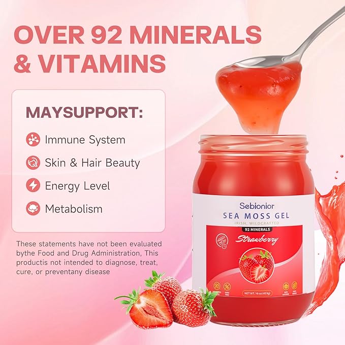 Sea Moss Gel Essential Vitamins Trace Minerals Vegan superfoods jams Jellies and Sweet sauces Gifts (Strawberry)