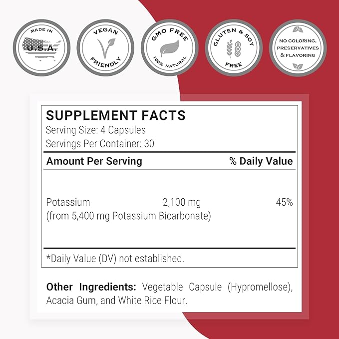 Supersmart - Potassium Bicarbonate 5400mg per Day (High Dose) - Electrolyte Mineral - Acid-Base Balance pH - Heart Muscle &amp Nerve Health | Non-GMO &amp Gluten Free - 120 Vegetarian Capsules