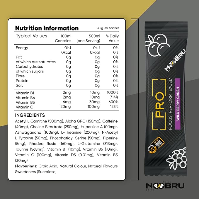 Noobru™ Pro - Brain &amp Nootropic Supplement for Cognitive Performance Mental Clarity and Focus - Precision-Formulated Drink with 17 Research-Backed Ingredients - 20 Servings