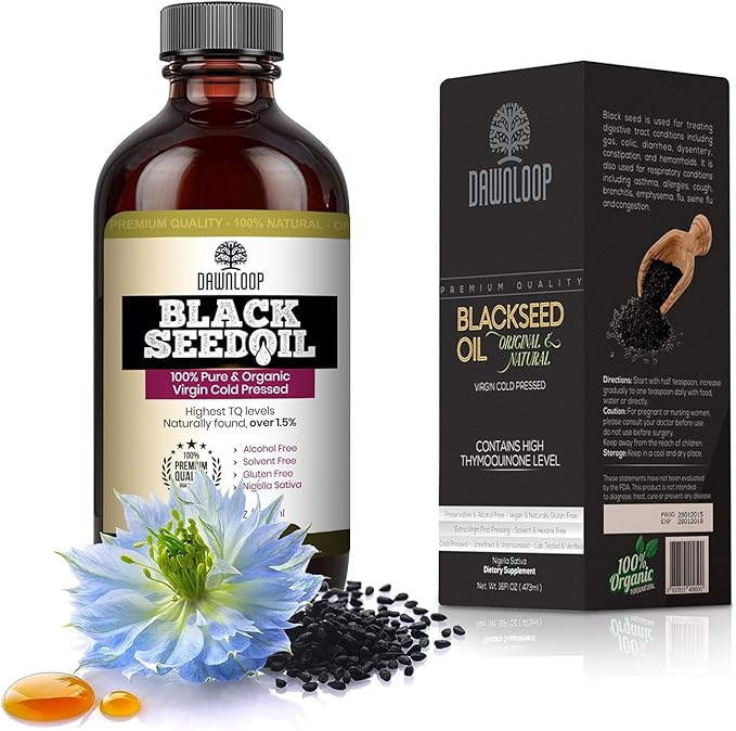 DAWNLOOP Organic Cold Pressed Black Seed Oil (16oz) – 100% Pure Nigella Sativa Black Cumin Seed Oil for Immune Digestive Joint &amp Brain Support – Gluten Free Non‑GMO