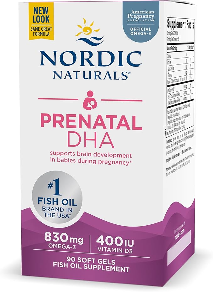 Nordic Naturals Prenatal DHA Unflavored - 830 mg Omega-3 + 400 IU Vitamin D3 - 90 Soft Gels - Supports Brain Development in Babies During Pregnancy &amp Lactation - Non-GMO - 45 Servings