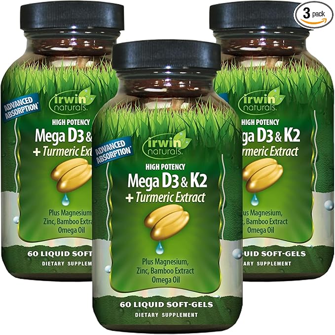 Irwin Naturals High Potency Mega D3 &amp K2 + Turmeric Extract — 60 Liquid Soft-Gels - 3 Pack