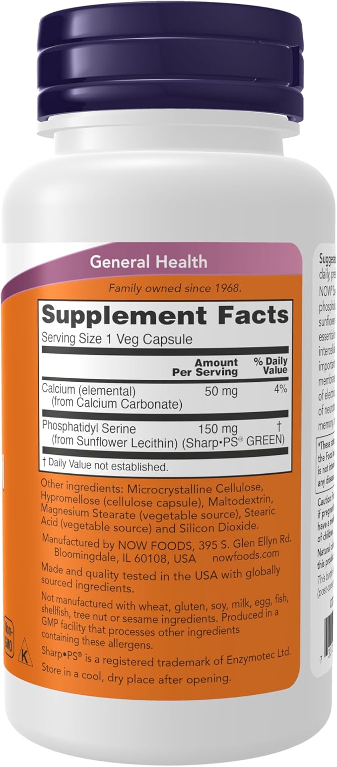 NOW Foods Supplements Soy-Free Phosphatidyl Serine (150mg) Brain Health* 60 Veg Capsules