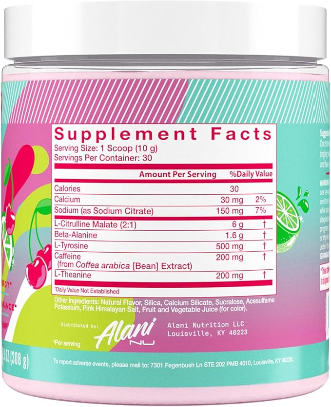 Alani Nu Pre Workout Powder Cherry Twist Amino Energy Boost Endurance Supplement Sugar Free 200mg Caffeine L-Theanine Beta-Alanine L-Citrulline 30 Servings