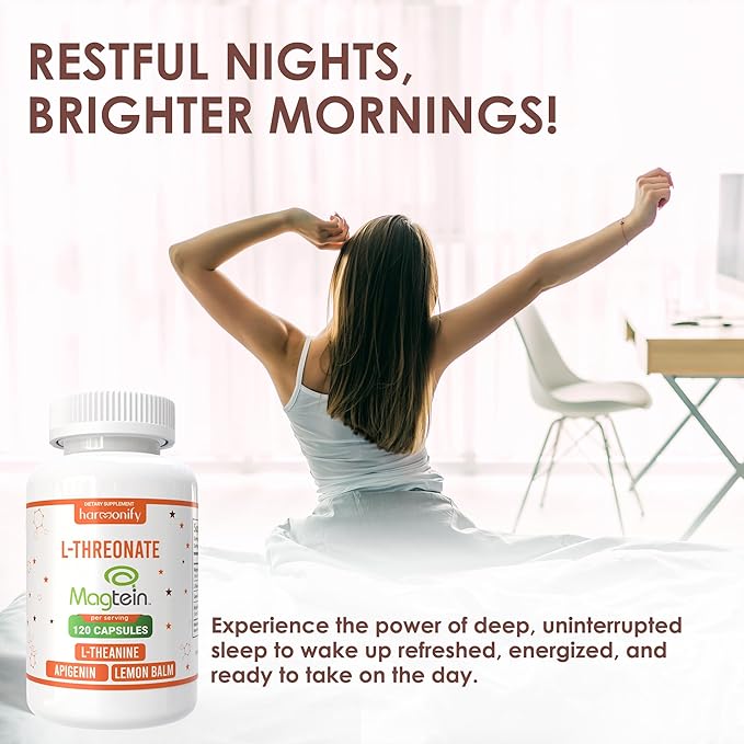 Magtein Magnesium L Threonate Supplement with L Theanine Lemon Balm and Apigenin High Absorption 120 Purified Veggie Capsules 1400 mg Gluten Free Non-GMO Vegetarian