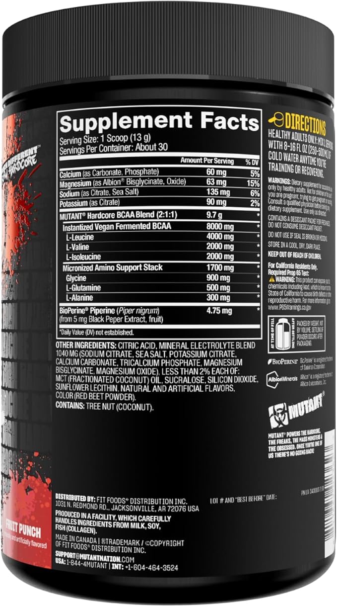 Mutant Hardcore BCAA - Pre Intra or Post Workout – BCAA Next Level branched-Chain Amino Acids Supplement – Hydration + Recovery - 30 Serving - Fruit Punch