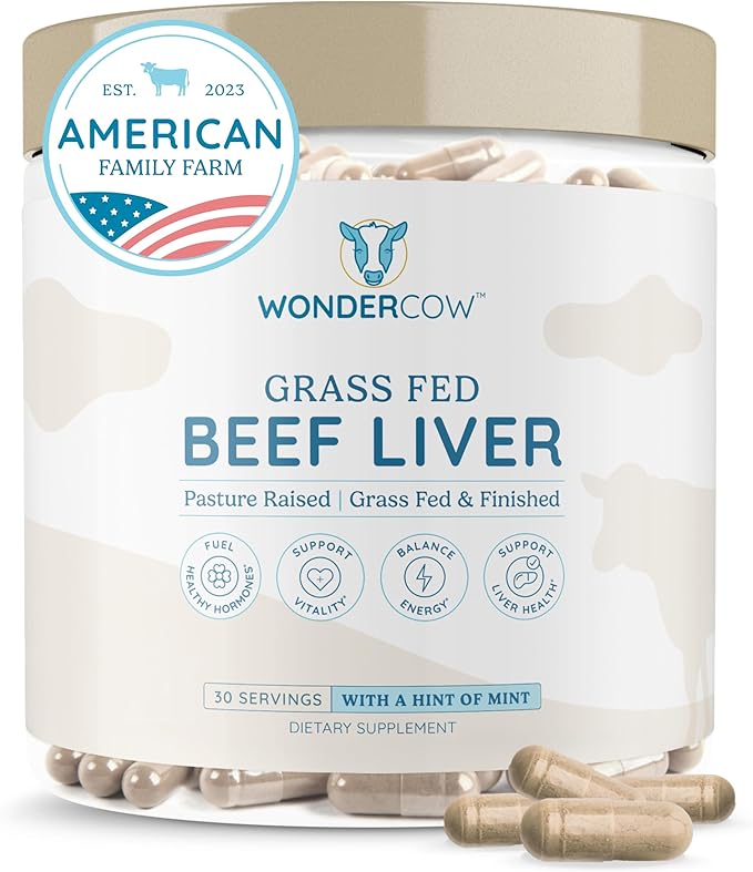 WONDERCOW Beef Liver Capsules Grass Fed Supplement - Desiccated &amp Natural Source of Protein Iron Vitamins A &amp B- Boosts Energy and Immunity | USA Grown Non-GMO Gluten Free