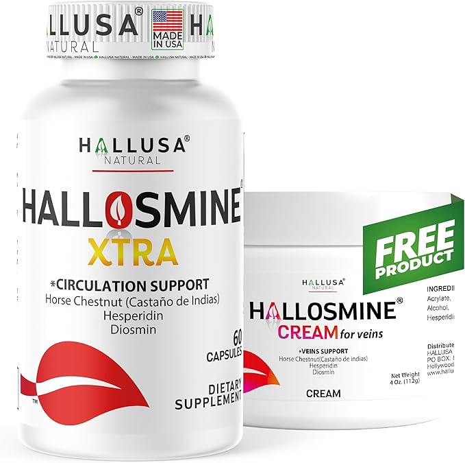 Hallosmine Xtra - Circulation &amp Vein Support Diosmin Horse Chesnut &amp Hesperidin 850mg + FREE Leg Cream | Leg Circulation Varicose Veins Spider Veins Hemorrhoids Blood Flow | 60 capsules