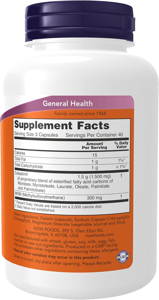 NOW Foods Supplements Celadrin® &amp MSM 500 mg of Celadrin® Advanced Joint Support* 120 Capsules