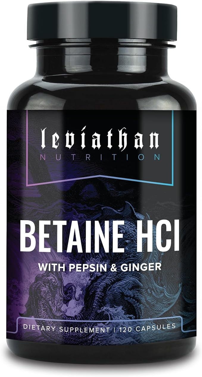 Leviathan Betaine HCl with Pepsin &amp Ginger - Digestive Enzymes Supplement for Digestion Aid &amp Support Stomach Acid &amp Nutrient Absorption