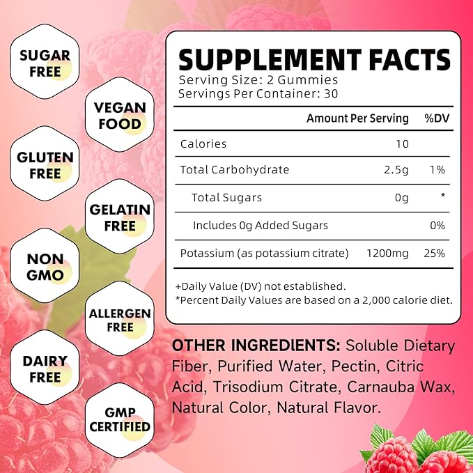 2 Pack Potassium Citrate Gummies High Potassium Supplement 1200mg Support Leg Cramps &amp Muscle Health Potassium Gummies for Adults &amp Kids Vegan Raspberry Flavor 120 Count