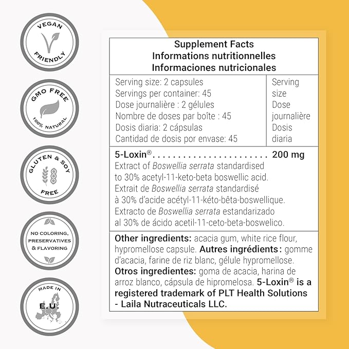 Supersmart - 5-Loxin 200mg per Day (Patented) - AKBA Supplement - 5-Loxin Boswellia Serrata Extract | Non-GMO &amp Gluten Free - 90 Vegetarian Capsules