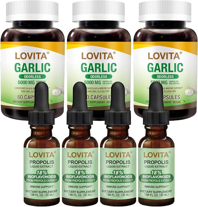 LOVITA Total Health Bundle - 4 Propolis Liquid &amp 3 Garlic Capsules Vegan Heart &amp Immune Support Formula (7 Pc Set)