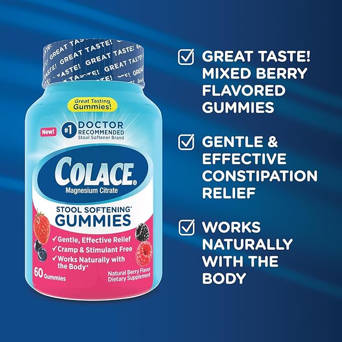 Colace Stool Softener Gummies Gentle Dependable Constipation Relief Magnesium Citrate Gummies No.1 Doctor Recommended Stool Softener Brand Berry Flavored 60ct (Pack of 2)