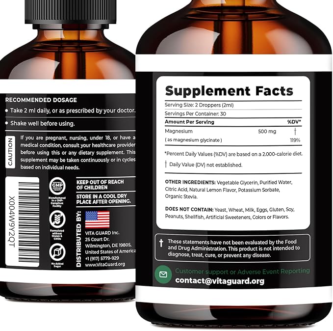 Magnesium Glycinate 500mg Liquid Drops | High-Absorption Liquid Magnesium for Relaxation Sleep Support &amp Muscle Wellness | Sugar-Free Vegan Non-GMO Magnesium Supplement