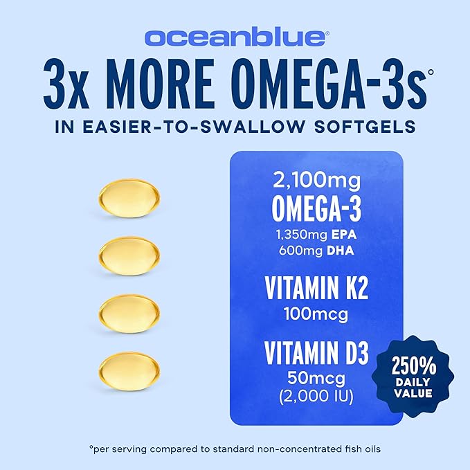 Oceanblue Professional Omega-3 2100 with Vitamin K2 &amp Vitamin D3 - Triple Strength Burpless Fish Oil Omega-3 Supplement with EPA &amp DHA - Wild Caught - Orange Flavor - 120 Mini Softgels