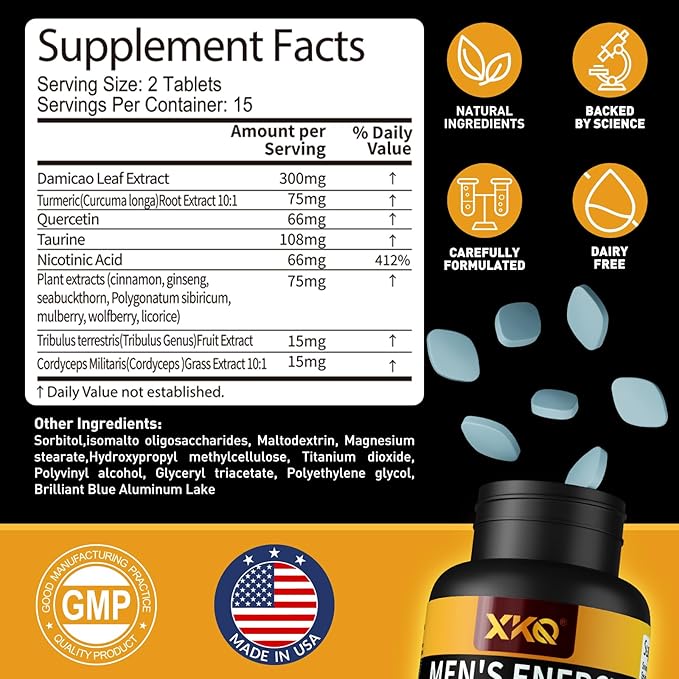 XKQ Vitality Supplement – Daily Energy &amp Performance Formula for Adult Men | Supports Circulation Stamina &amp Confidence | Herbal &amp Amino Blend | 30 Tablets | 3rd Party Tested