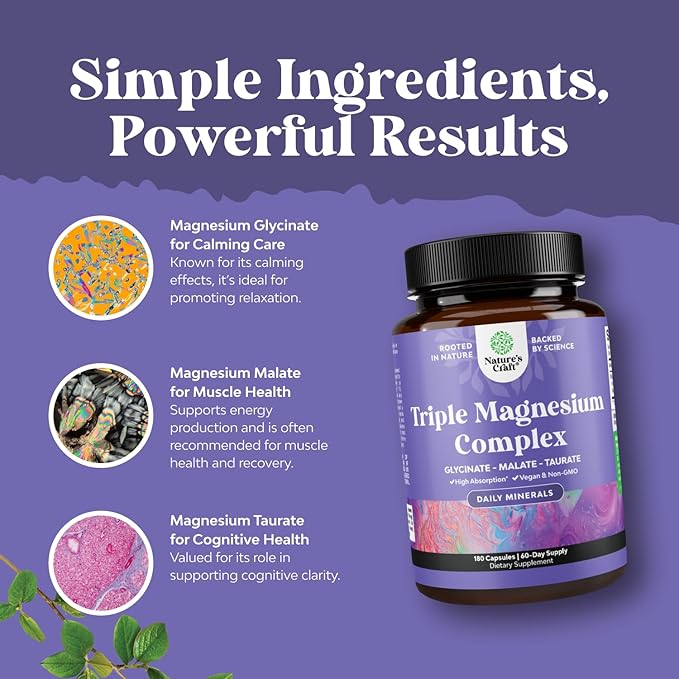 Triple Magnesium Complex Supplement - High Absorption Magnesium Glycinate Malate &amp Taurate Blend for Muscles Energy Support &amp Heart Health - Triple Mg Complex 400 mg Capsules - 180 Count